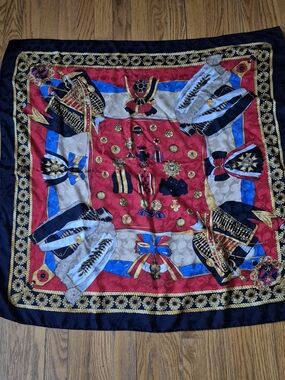 100% Silk Square Scarf with Military Details in Red, Navy & Gold Trim